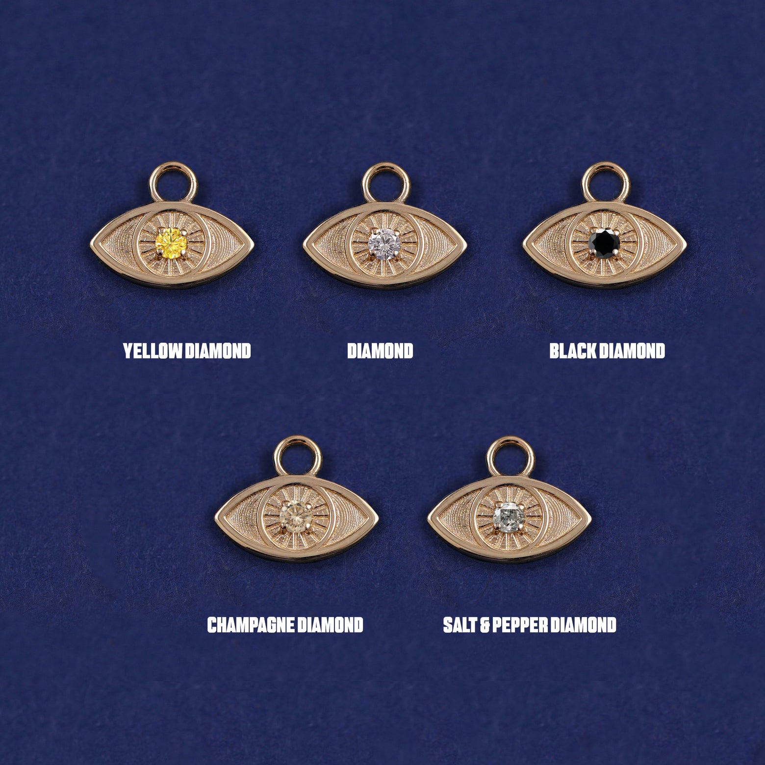 Five versions of the yellow gold Evil Eye Charm showing Yellow, Clear, Black, Champagne, and Salt and Pepper diamonds