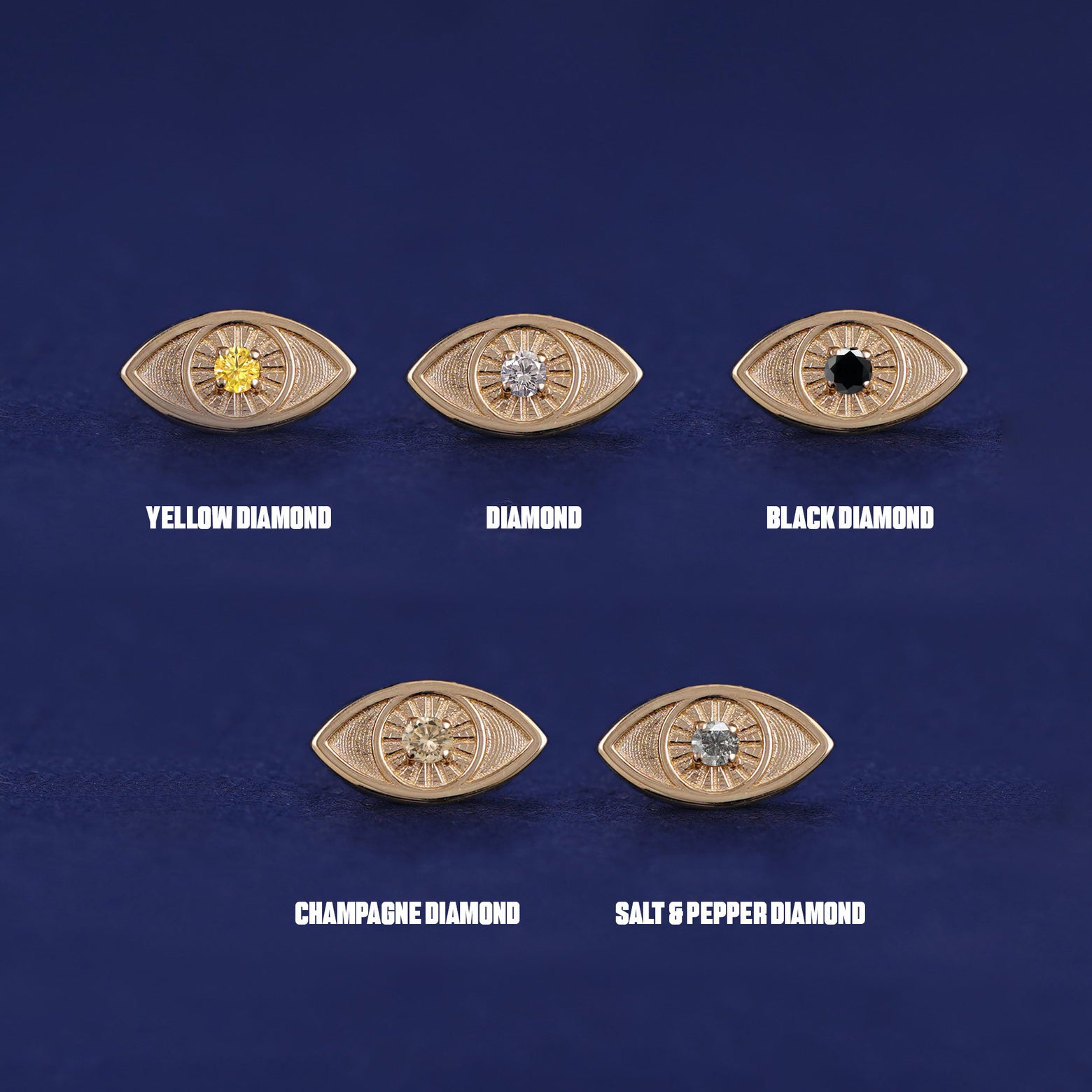 Five versions of the yellow gold Evil Eye Earring showing Yellow, Clear, Black, Champagne, and Salt and Pepper Diamonds