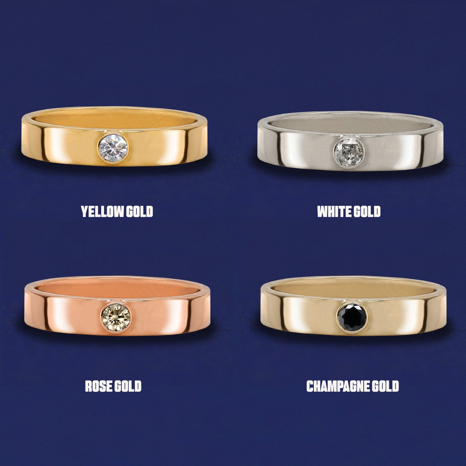 Four versions of the Diamond Industrial Ring shown in options of yellow, white, rose and champagne gold