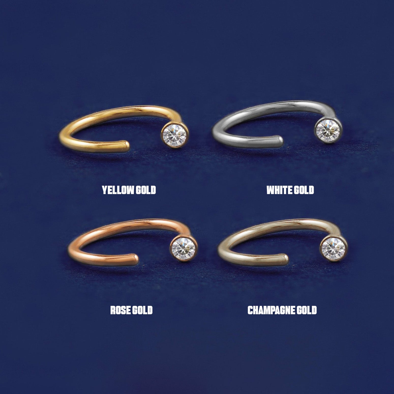 Four versions of the Diamond Open Hoop shown in options of yellow, white, rose and champagne gold