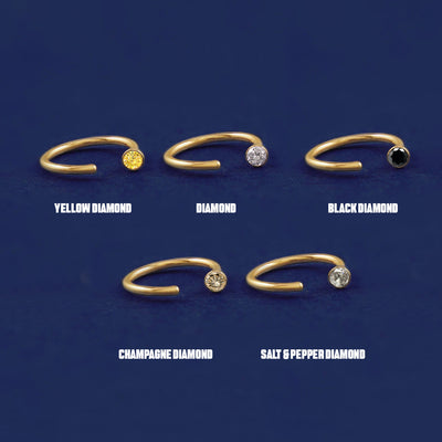 Five versions of the solid gold Diamond Open Hoop showing Yellow, Clear, Black, Champagne, and Salt and Pepper diamonds