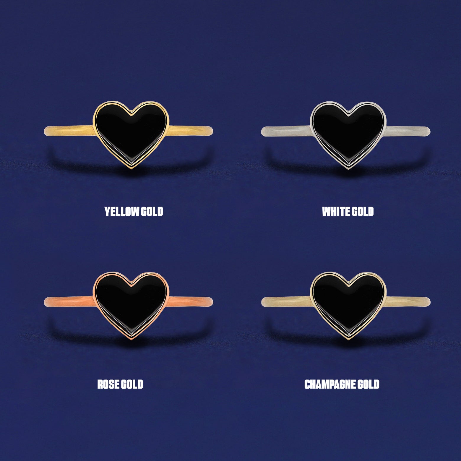 Four black enamel heart rings shown in options of yellow, white, rose, and champagne gold