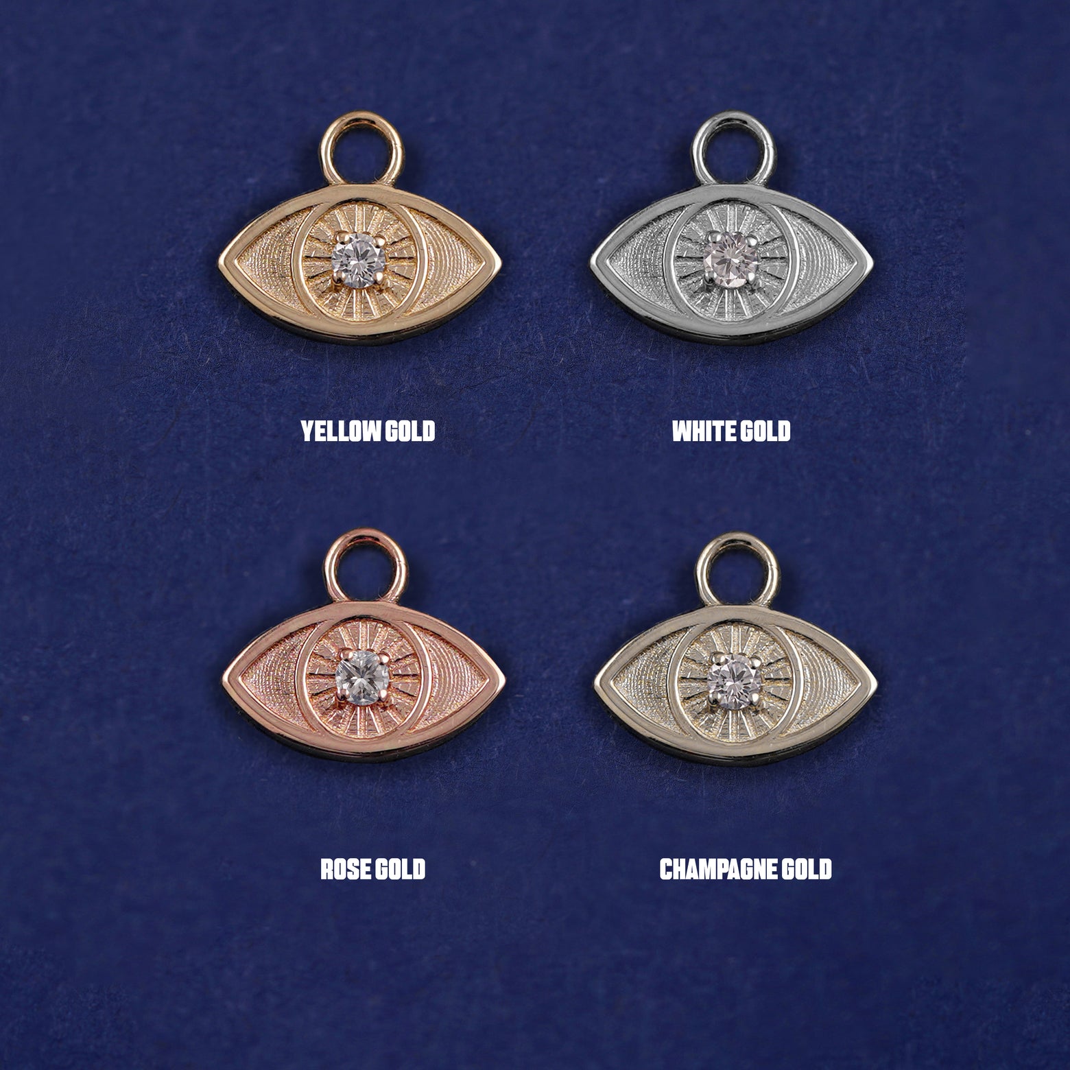 Four versions of the Diamond Evil Eye Charm shown in options of yellow, white, rose and champagne gold