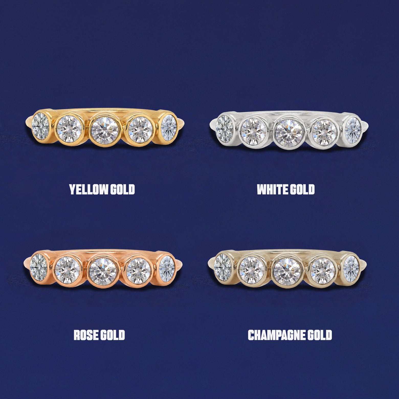 Four versions of the 5 Diamonds Ring shown in options of yellow, white, rose and champagne gold