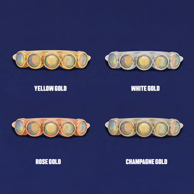 Four versions of the 5 Opals Ring shown in options of yellow, white, rose and champagne gold