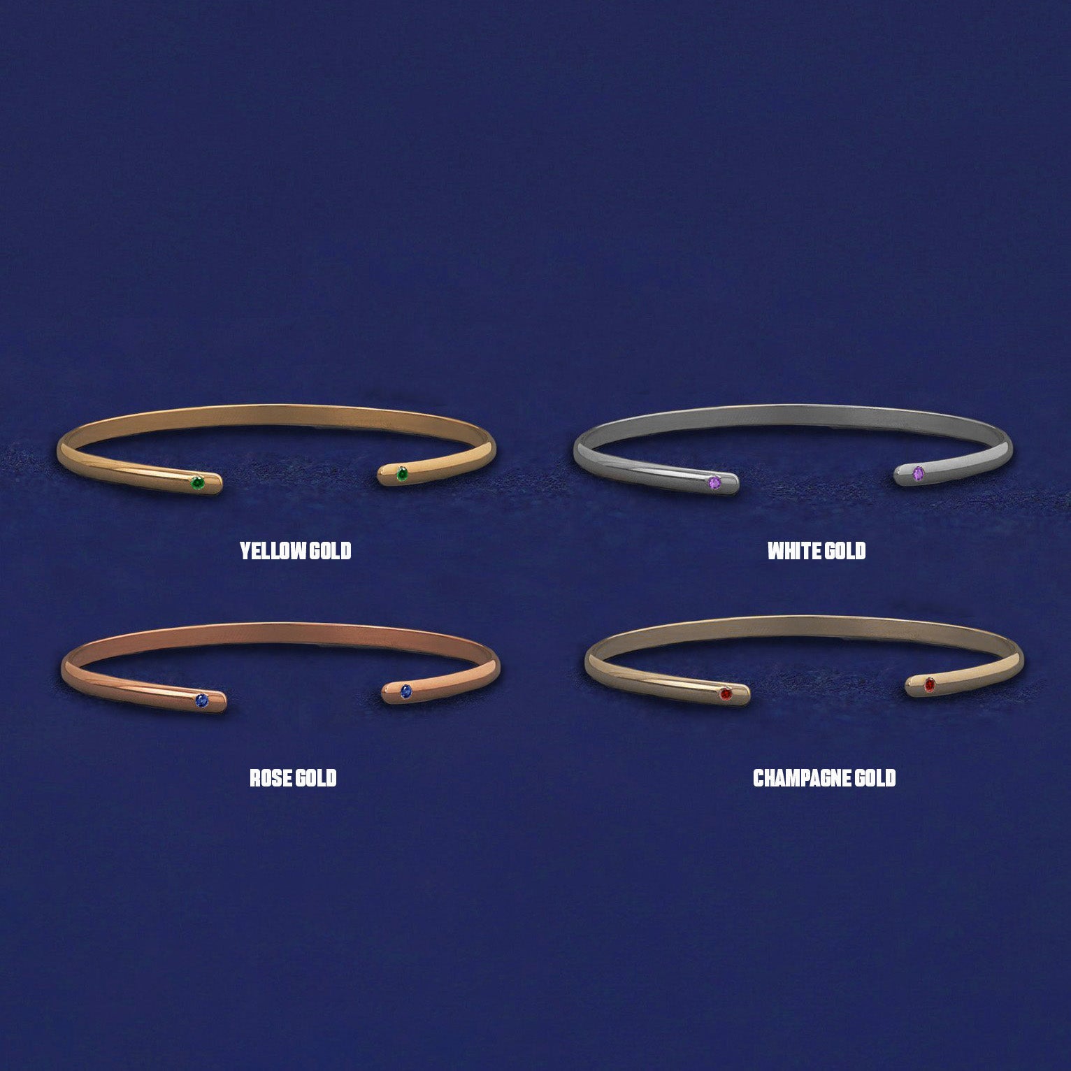 Four versions of the Gemstone Open Bangle shown in options of yellow, white, rose and champagne gold