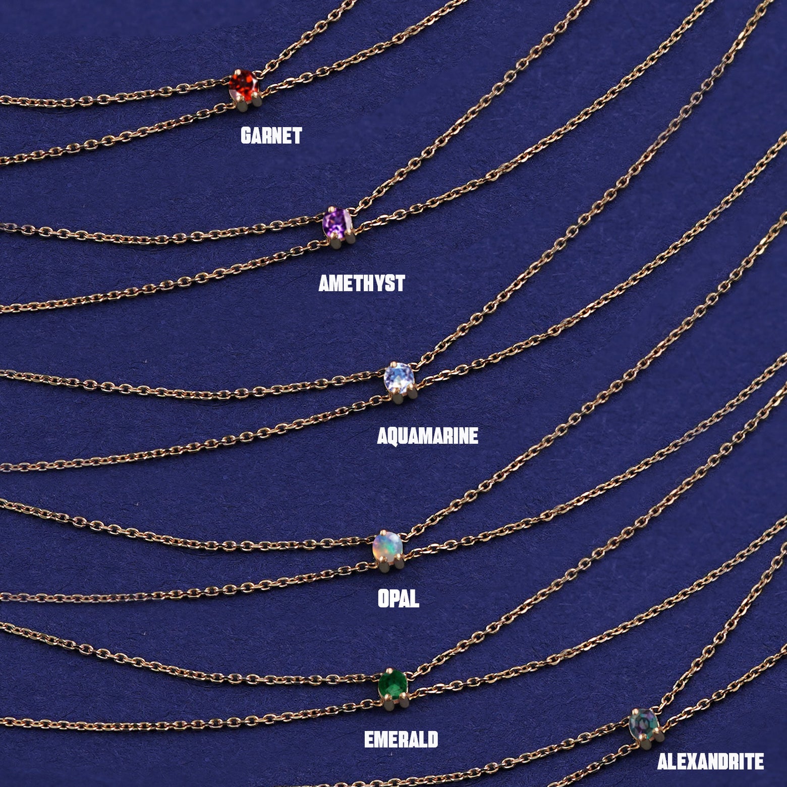 Six versions of the solid yellow gold Gemstone Cable Bracelet showing different stone options