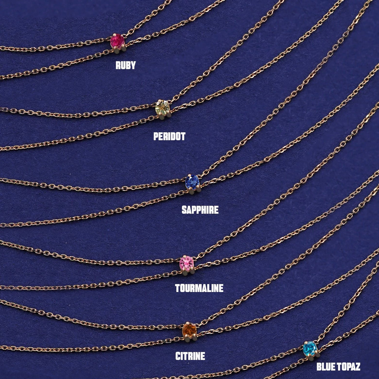 Six versions of the solid yellow gold Gemstone Cable Bracelet showing different stone options