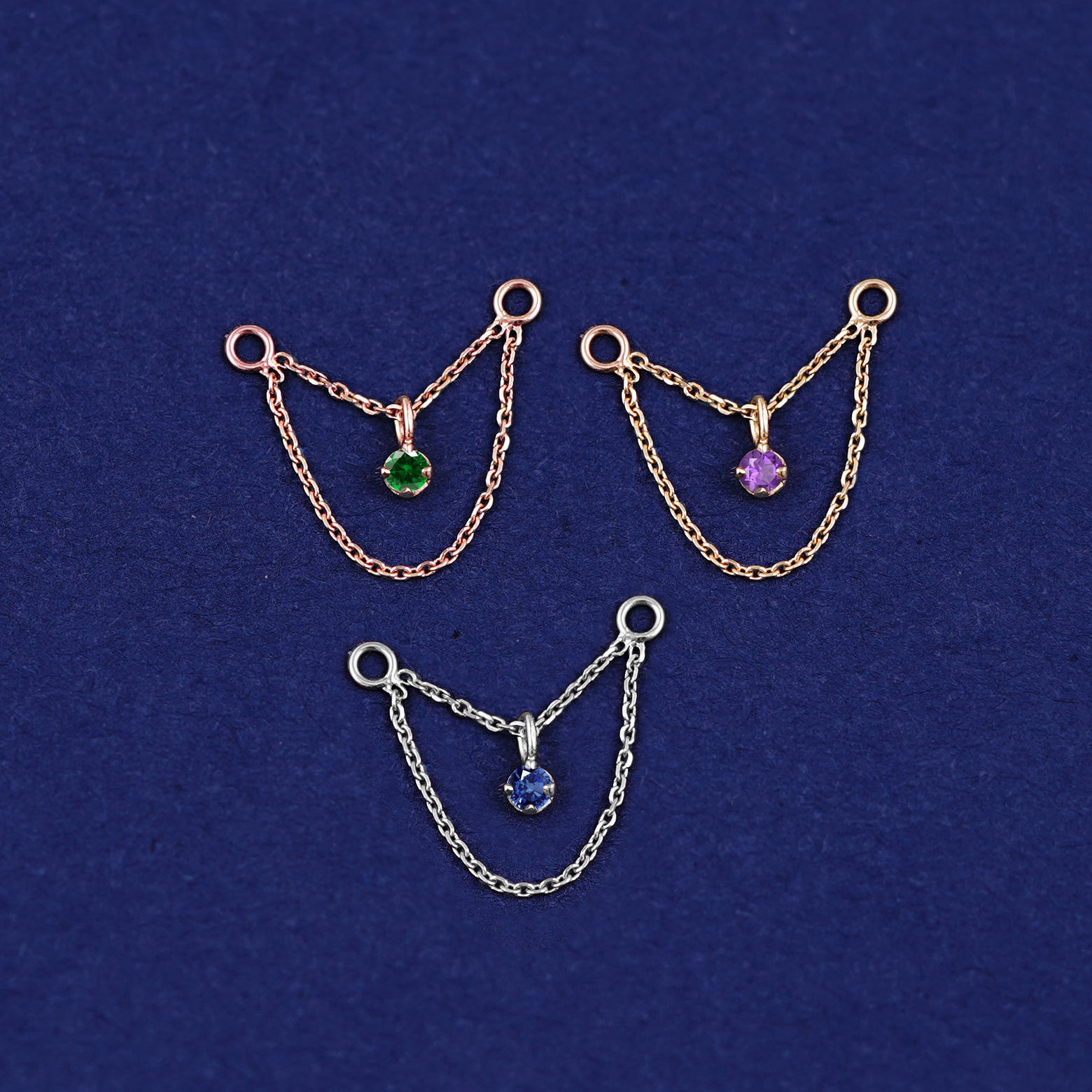 Three versions of the Gemstone Cable Chain Connector shown in options of rose, yellow, and white gold