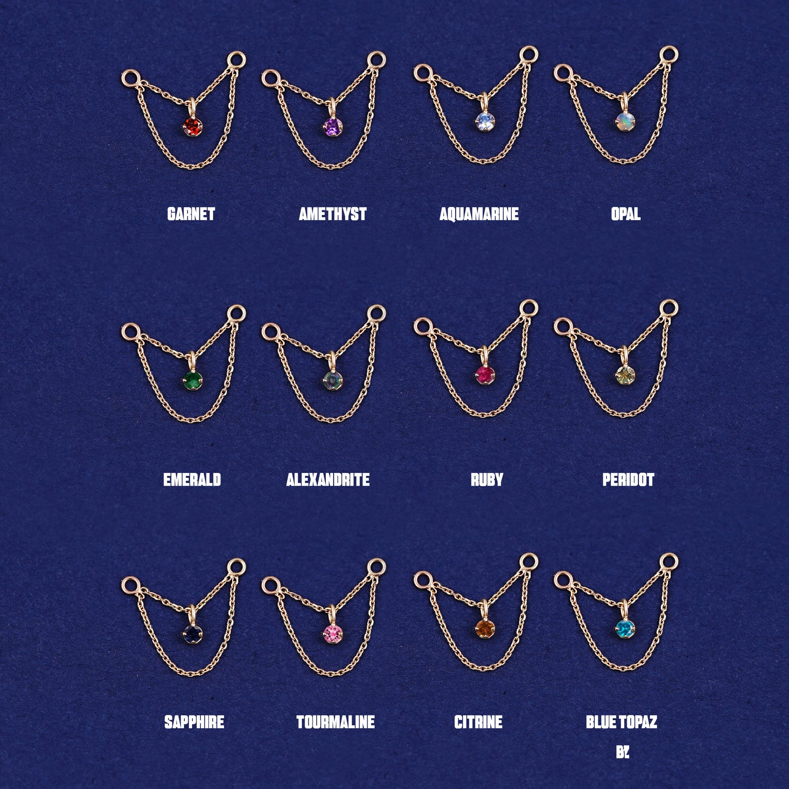 Twelve versions of the solid yellow gold Gemstone Cable Chain Connector showing the different stone options