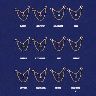 Twelve versions of the solid yellow gold Gemstone Cable Chain Connector showing the different stone options