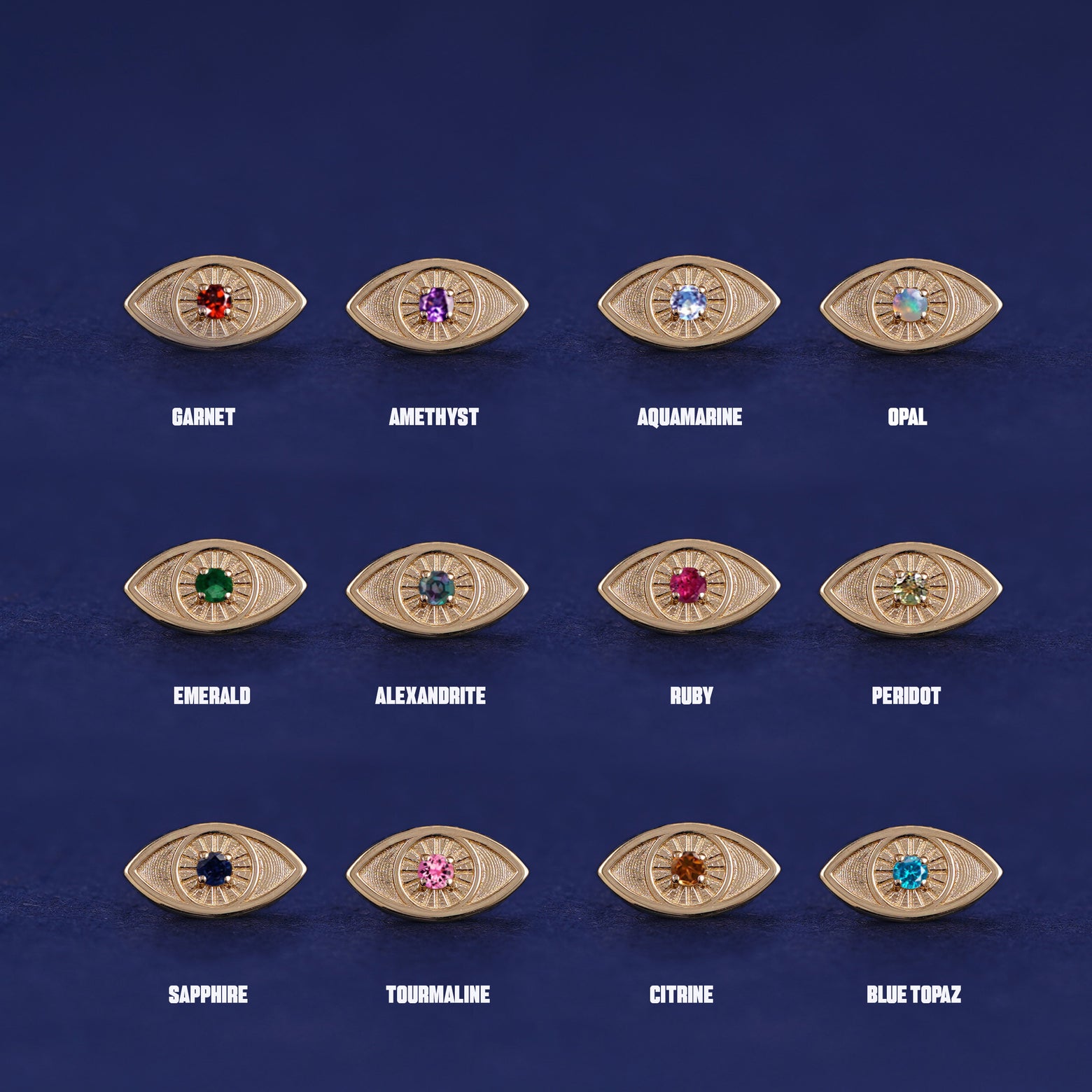 Twelve versions of the solid yellow gold Gemstone Evil Eye Earring showing the different stone options