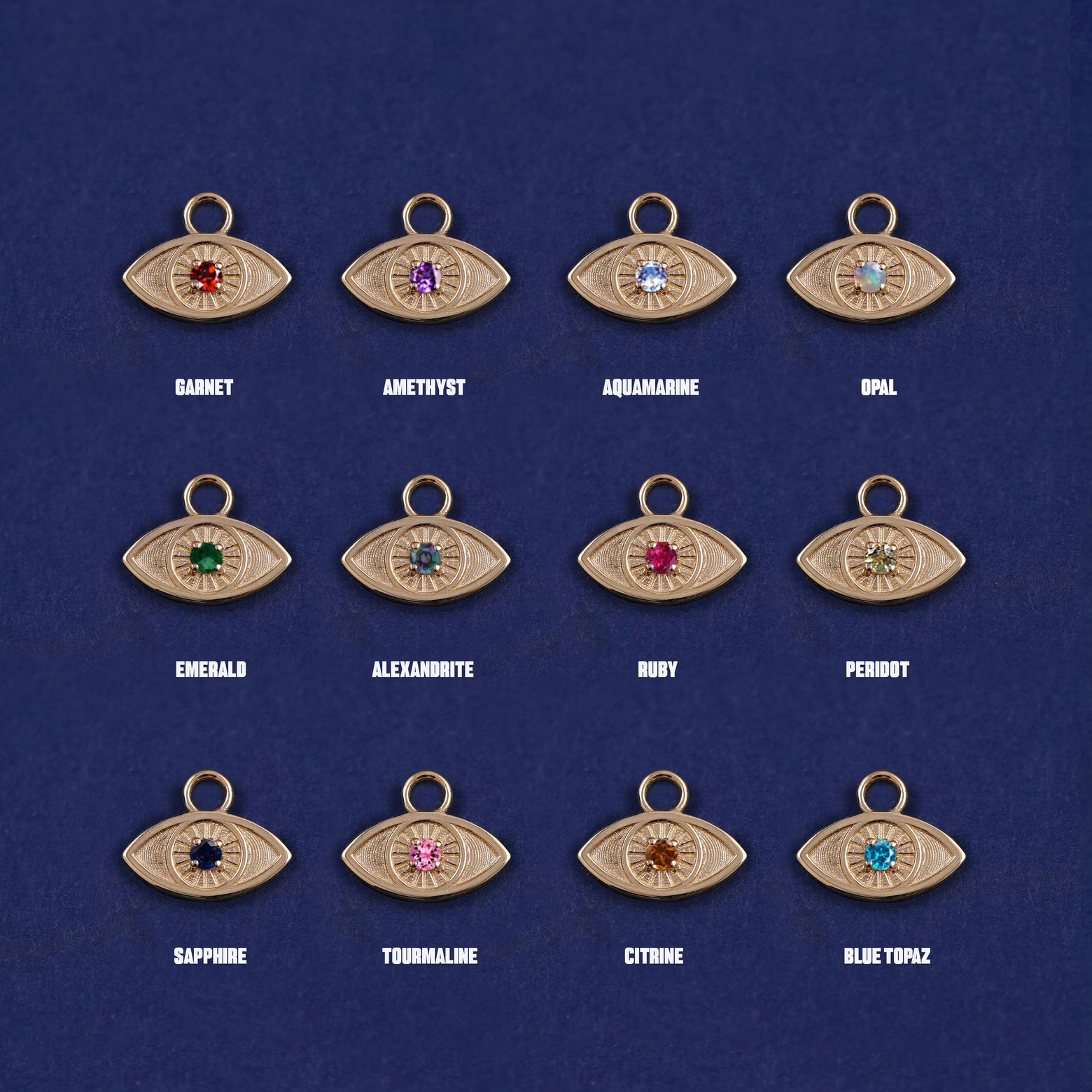 Twelve versions of the solid yellow gold Gemstone Evil Eye Charm showing the different stone options