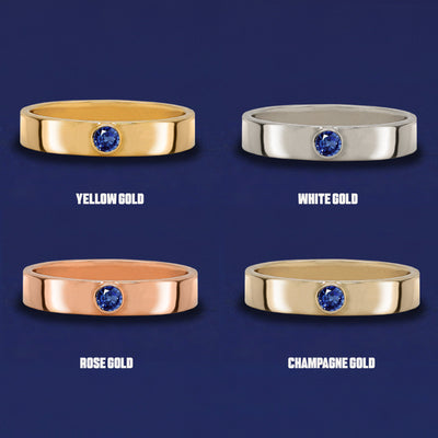 Four versions of the Sapphire Gemstone Industrial Ring shown in options of yellow, white, rose and champagne gold