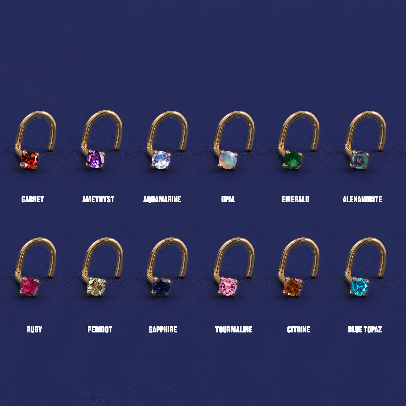 Twelve versions of the solid yellow gold Gemstone Nose Stud showing all of the different stone options