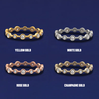 Four versions of the Infinity Diamond Ring shown in options of yellow, white, rose and champagne gold