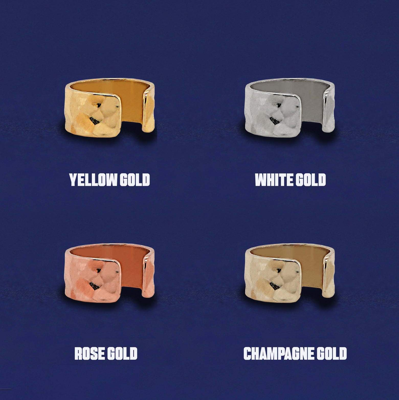 Four versions of the Hammered Thick Cuff shown in options of yellow, white, rose and champagne gold
