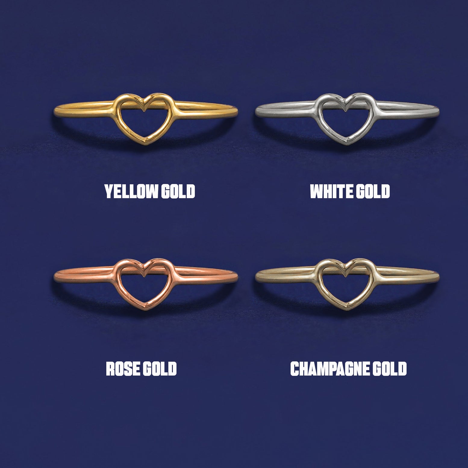 Four versions of the Heart Ring shown in options of yellow, white, rose and champagne gold