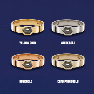 Four versions of the Hexagon Diamond Band shown in options of yellow, white, rose, and champagne gold