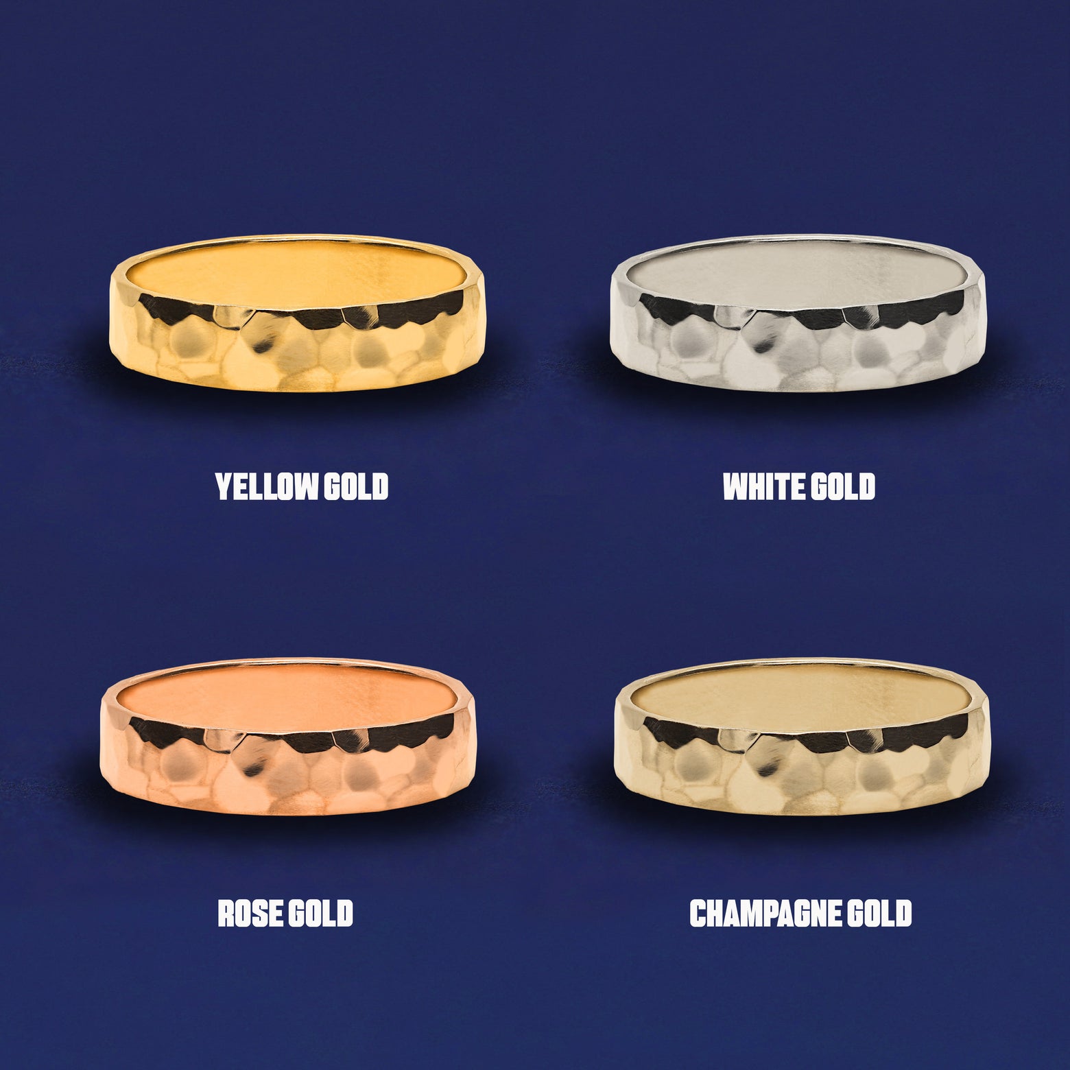 Four versions of the Industrial Hammered Band shown in options of yellow, white, rose and champagne gold