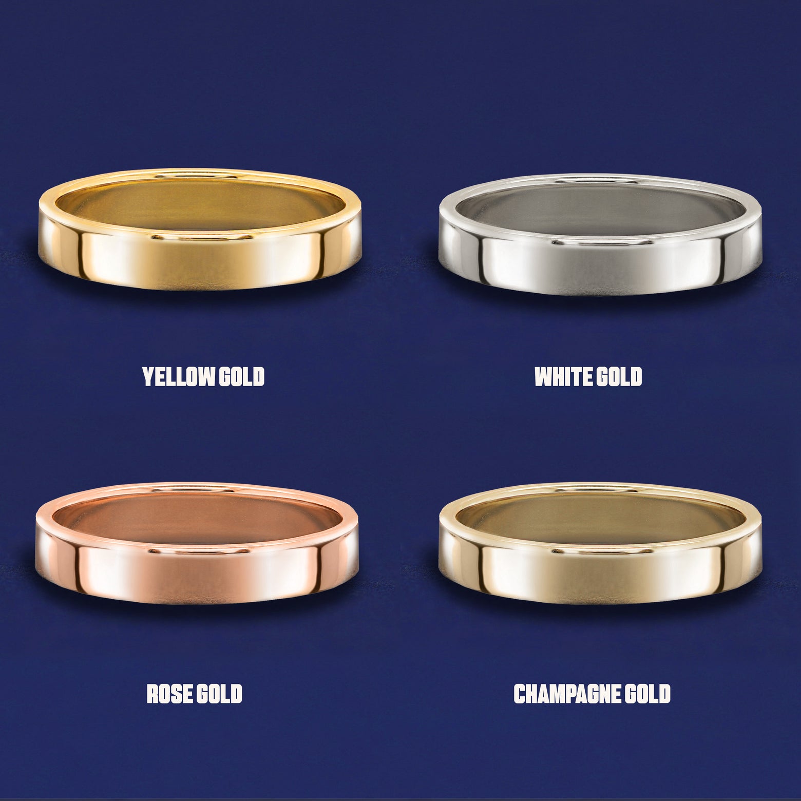 Four versions of the Industrial Mirror Band shown in options of yellow, white, rose and champagne gold