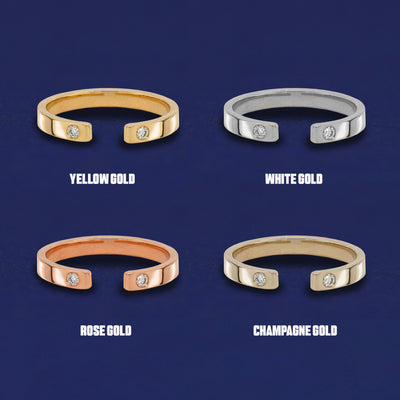 Four versions of the Open Industrial Band shown in options of yellow, white, rose and champagne gold