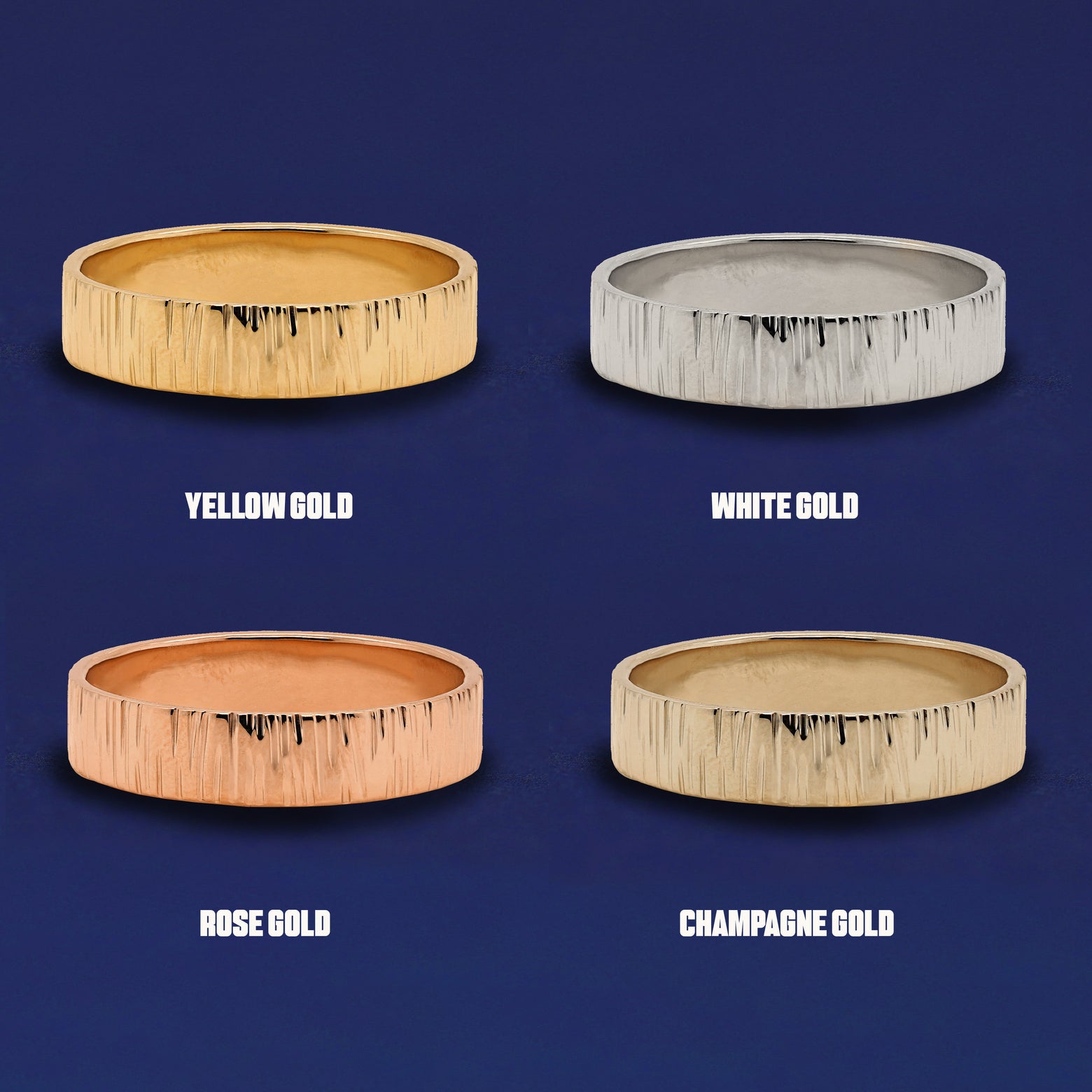 Four versions of the Industrial Wood Band shown in options of yellow, white, rose and champagne gold