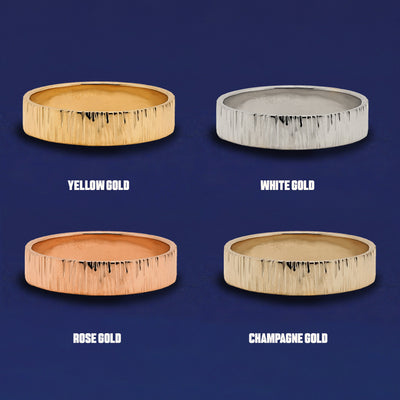 Four versions of the Industrial Wood Band shown in options of yellow, white, rose and champagne gold