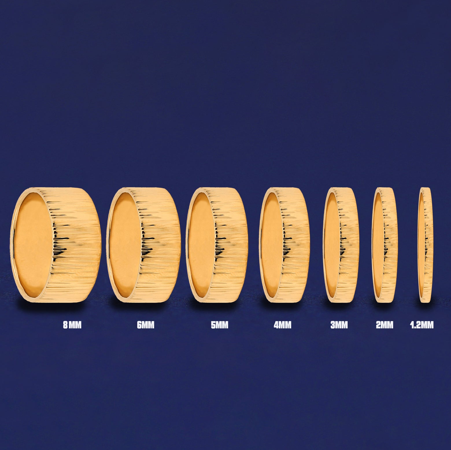 Seven versions of the Industrial Wood Band showing the different thickness options of the ring from 8mm to 1.2mm