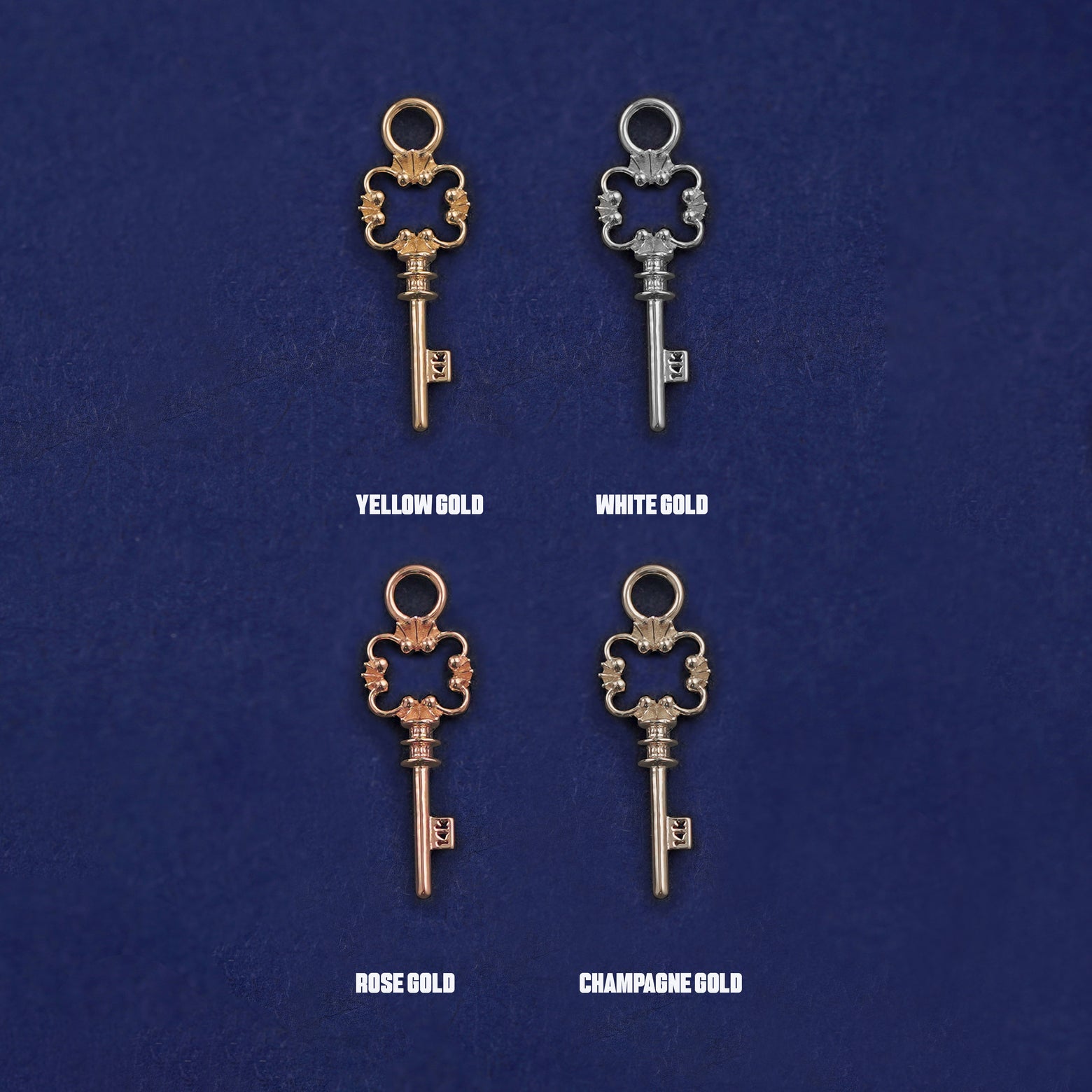 Four versions of the Key Charm shown in options of yellow, white, rose and champagne gold