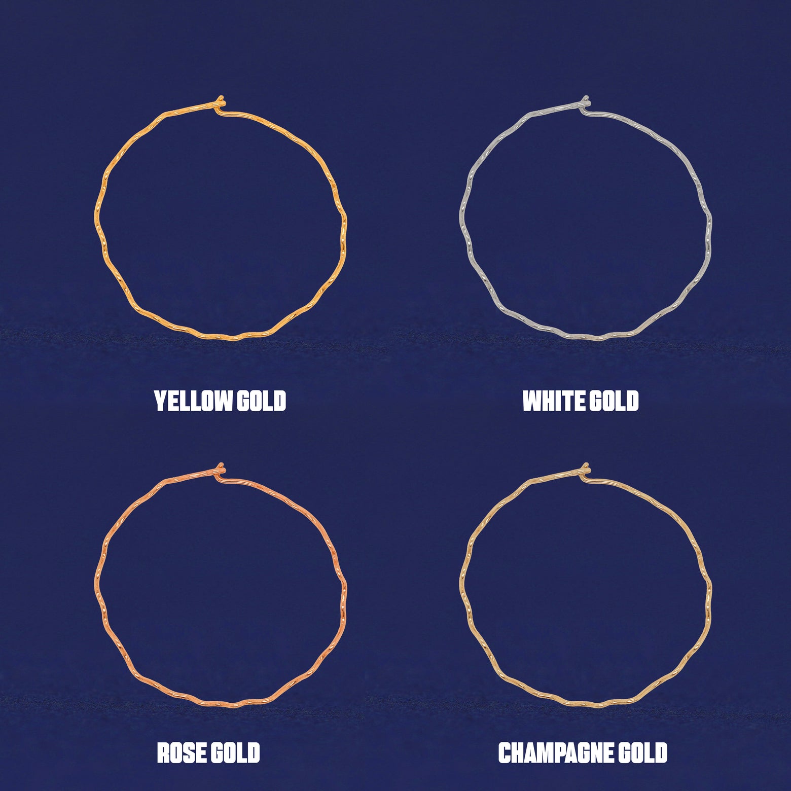Four versions of the Large wave hoop shown in options of yellow, white, rose, and champagne gold
