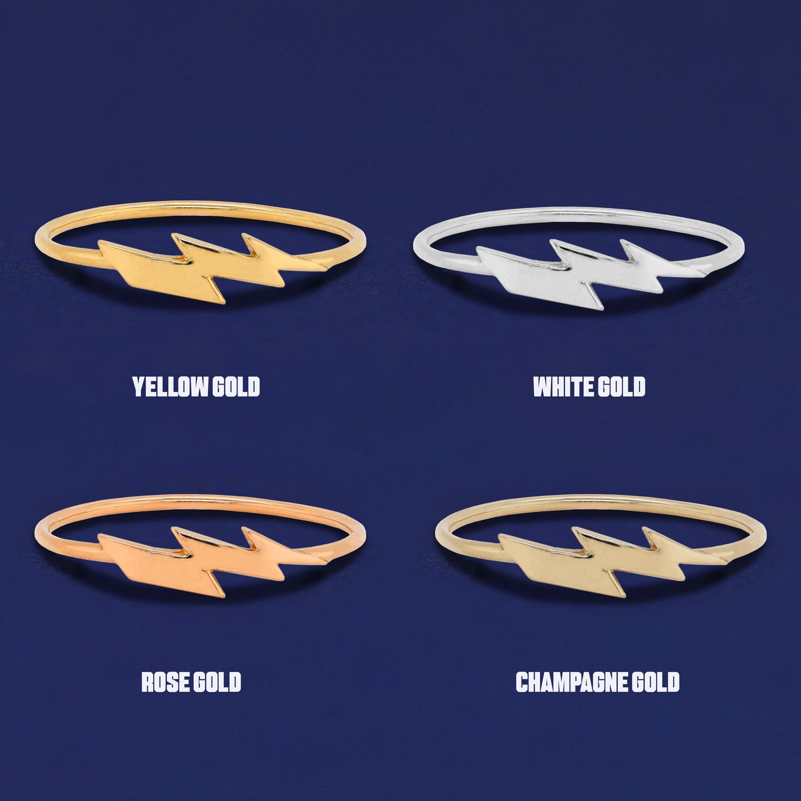 Four versions of the Lightning Bolt Ring shown in options of yellow, white, rose and champagne gold