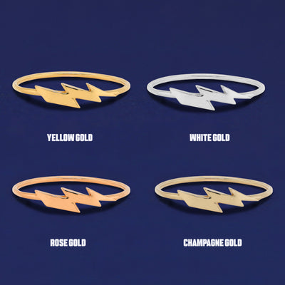 Four versions of the Lightning Bolt Ring shown in options of yellow, white, rose and champagne gold