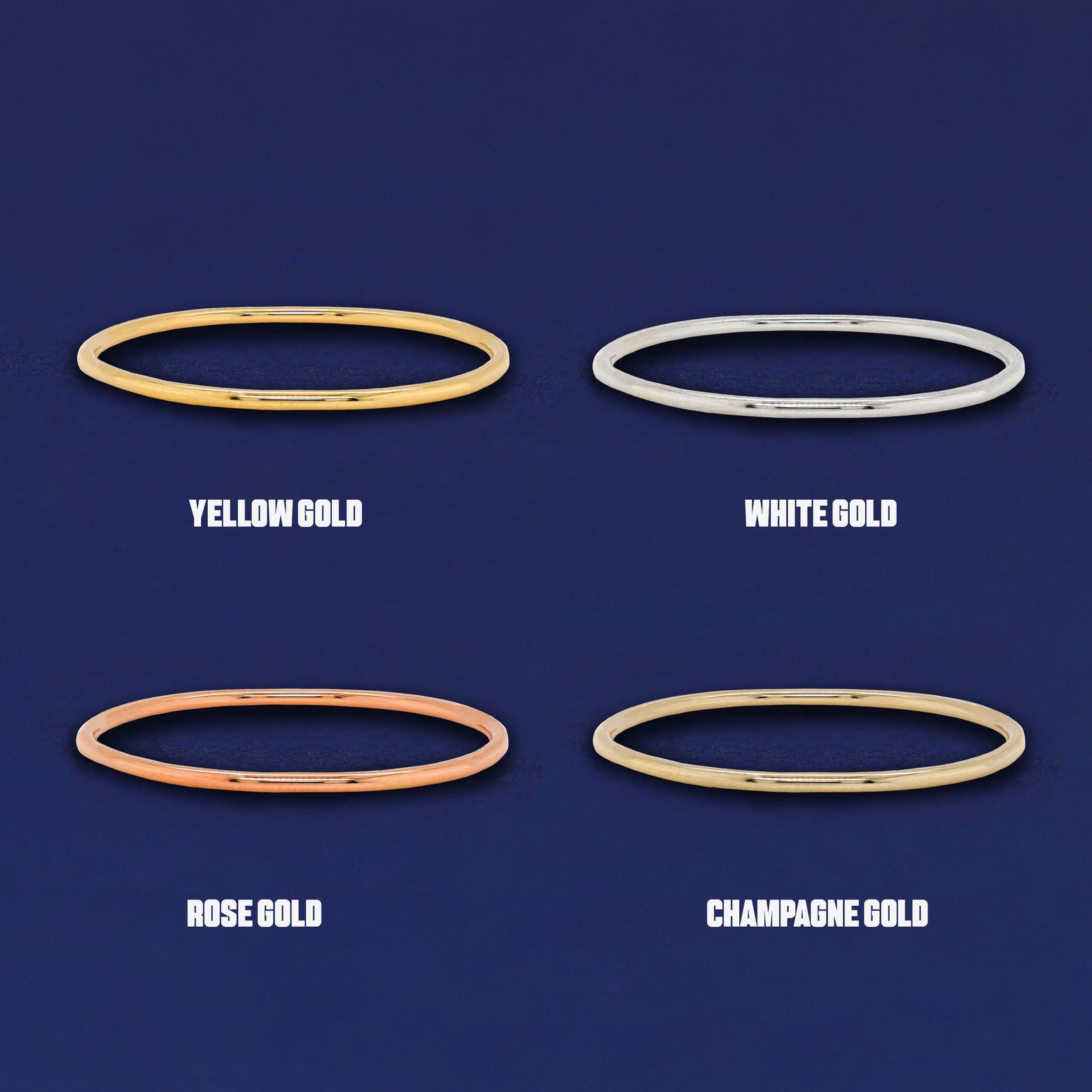Four versions of the Line Ring shown in options of yellow, white, rose and champagne gold