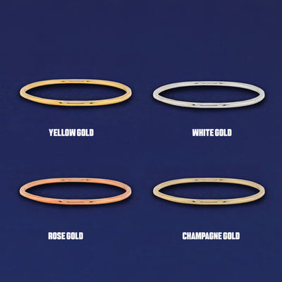 Four versions of the Line Ring shown in options of yellow, white, rose and champagne gold