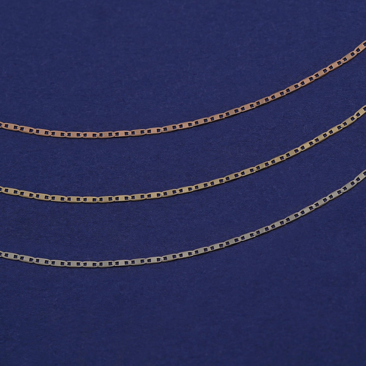 Three Valentine Anklets shown in options of rose, yellow, and white gold