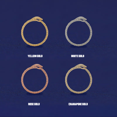 Four versions of the Ouroboros Snake Ring shown in options of yellow, white, rose, and champagne gold