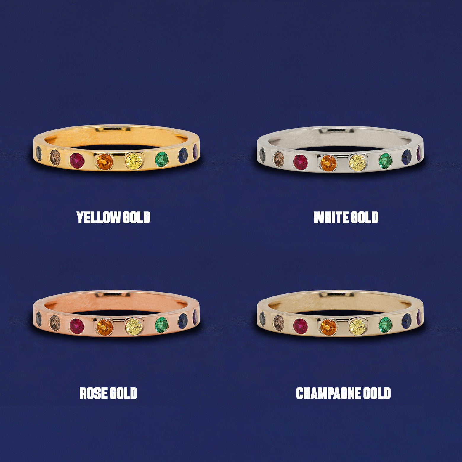 Four versions of the Rainbow Band shown in options of yellow, white, rose and champagne gold