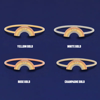 Four versions of the Rainbow Ring shown in options of yellow, white, rose and champagne gold