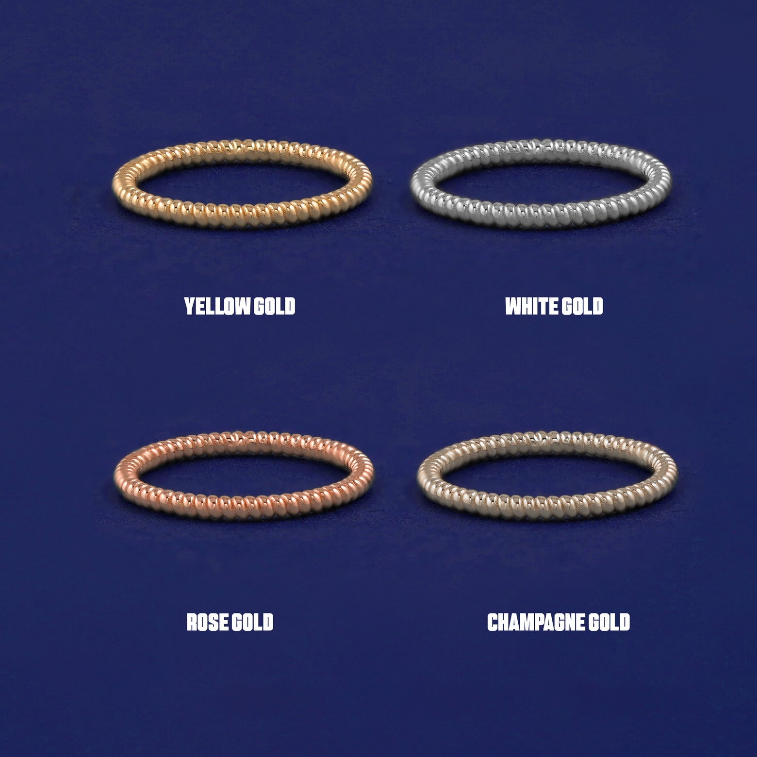 Four versions of the Rope Ring shown in options of yellow, white, rose and champagne gold