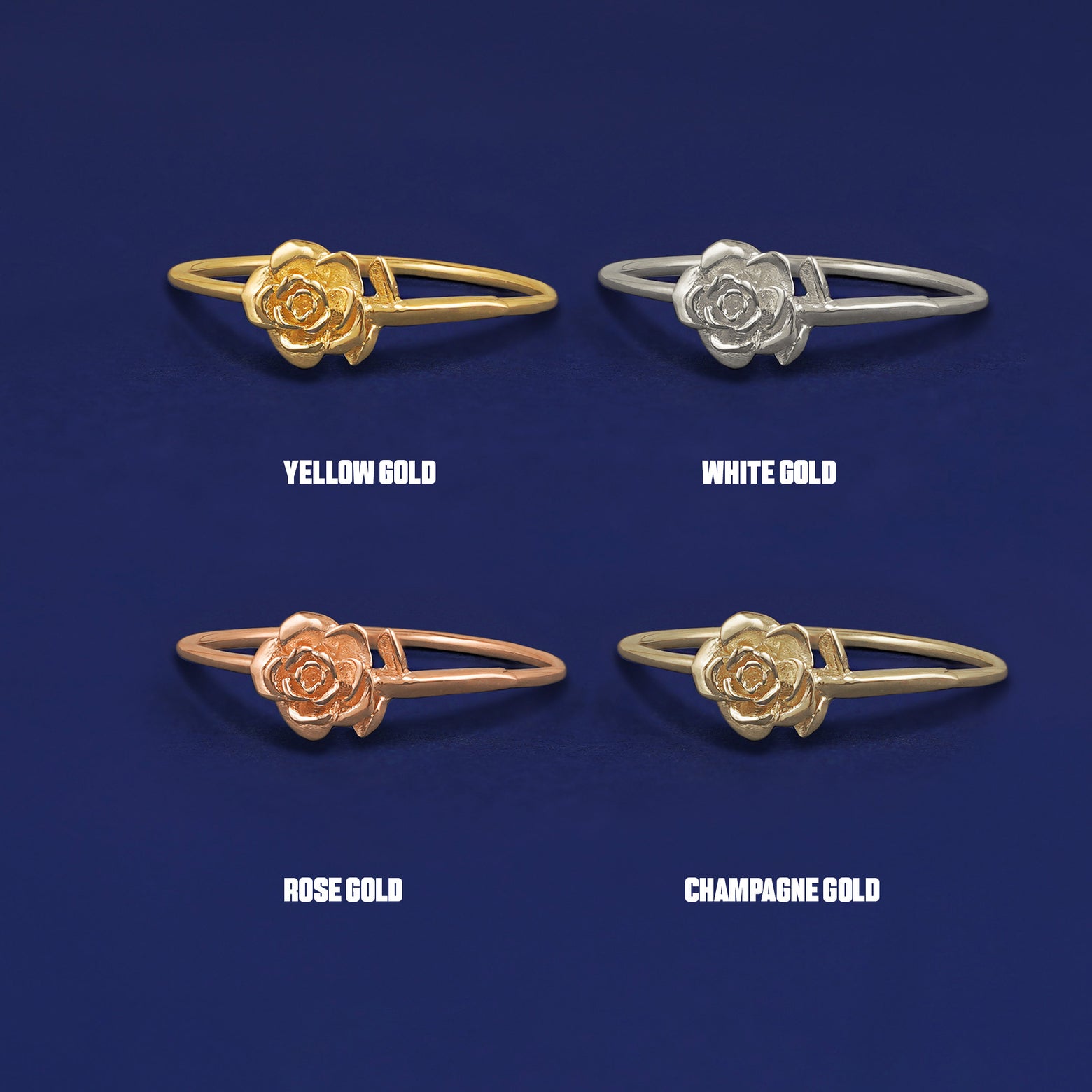 Four versions of the Rose Ring shown in options of yellow, white, rose and champagne gold
