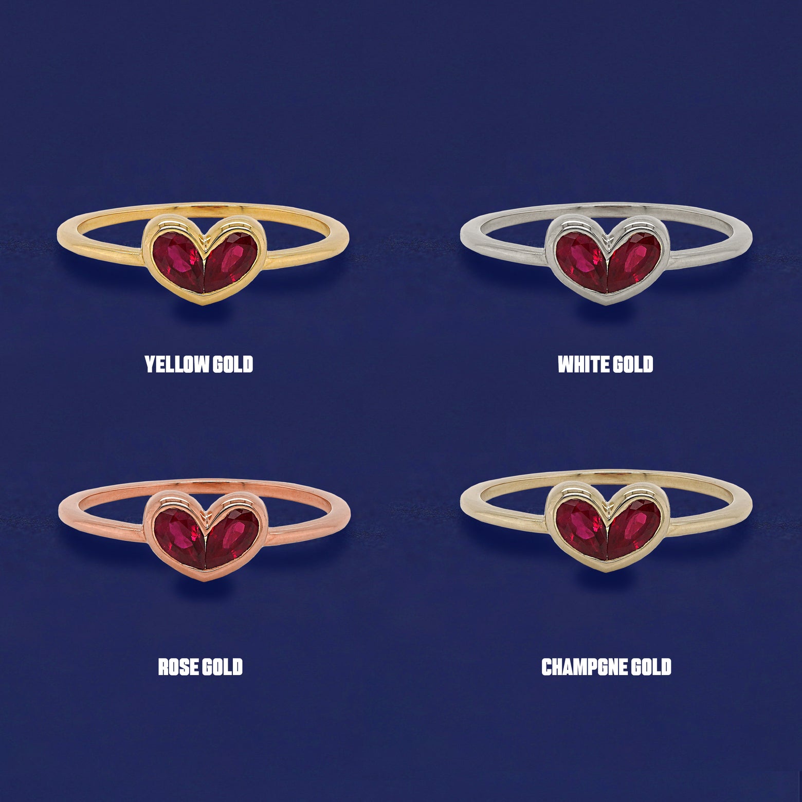 Four versions of the Ruby Heart Ring shown in options of yellow, white, rose, and champagne gold