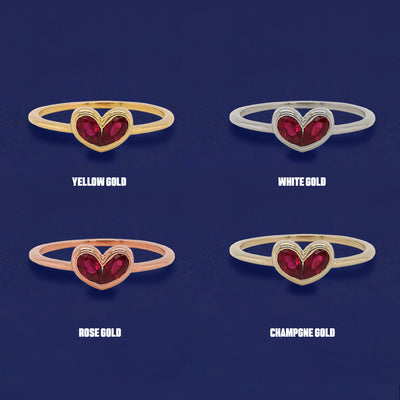 Four versions of the Ruby Heart Ring shown in options of yellow, white, rose, and champagne gold