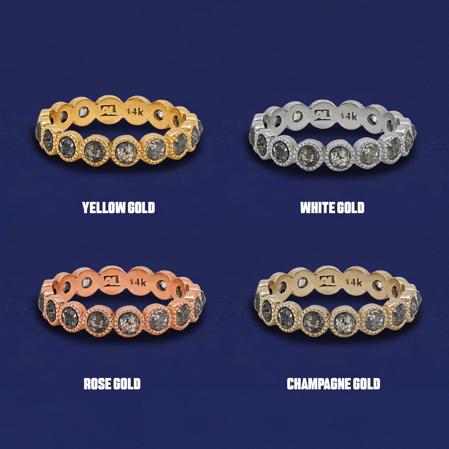 Four versions of the Milgrain Diamond Band shown in options of yellow, white, rose and champagne gold