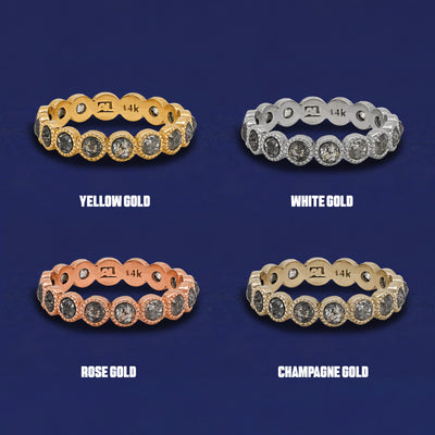 Four versions of the Milgrain Diamond Band shown in options of yellow, white, rose and champagne gold