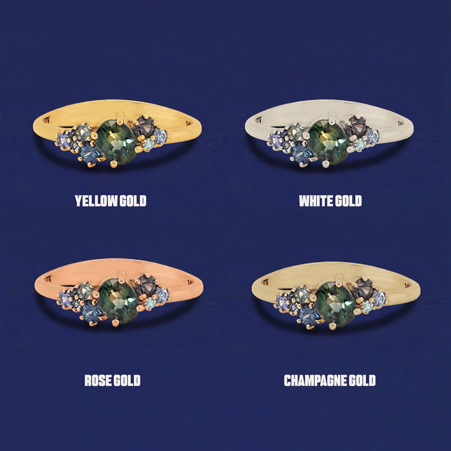 Four versions of the Sapphire Cluster Ring shown in options of yellow, white, rose, and champagne gold