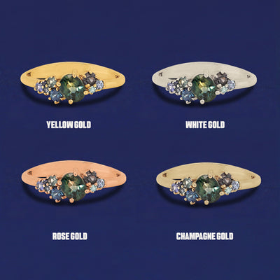 Four versions of the Sapphire Cluster Ring shown in options of yellow, white, rose, and champagne gold