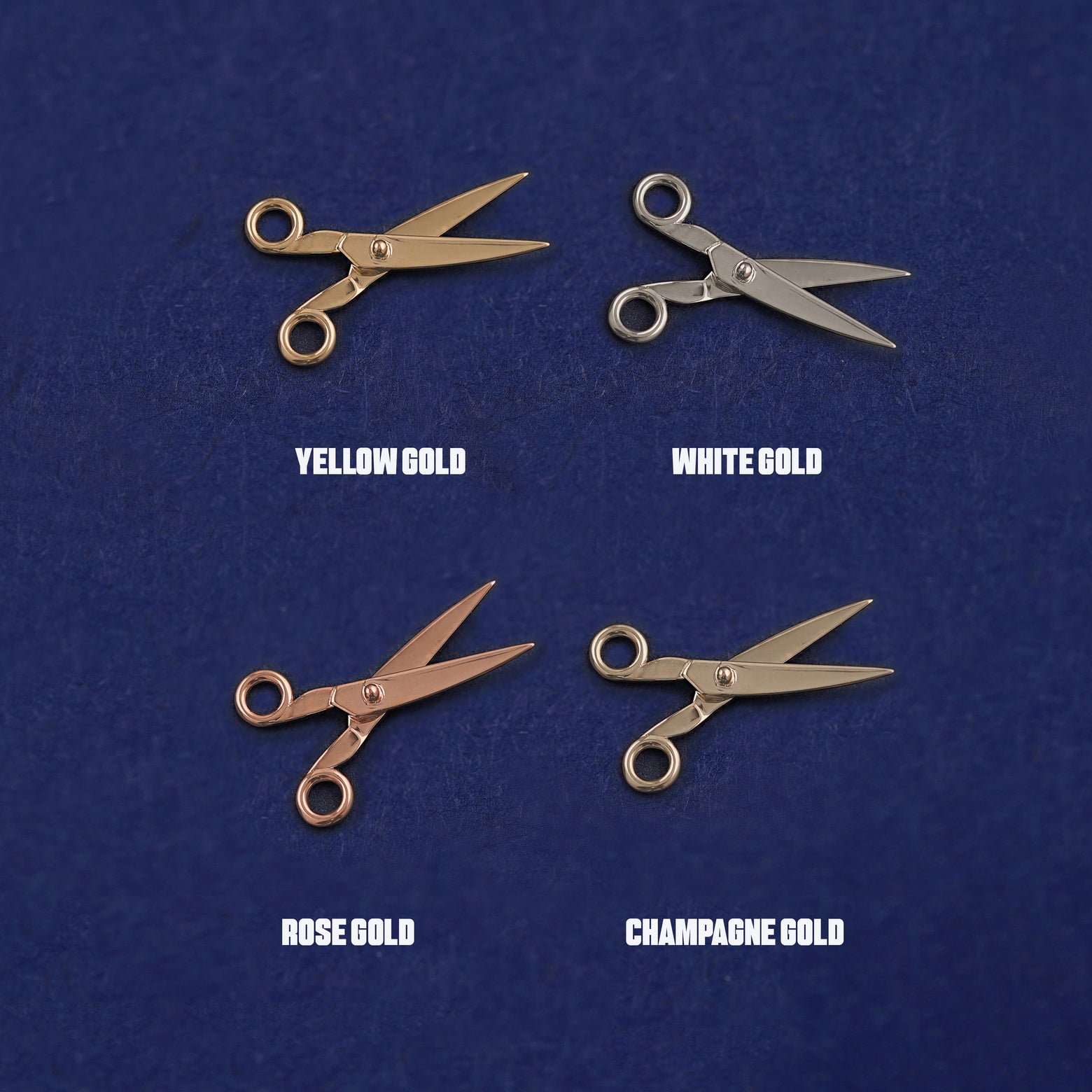 Four versions of the Scissors Charm shown in options of yellow, white, rose and champagne gold