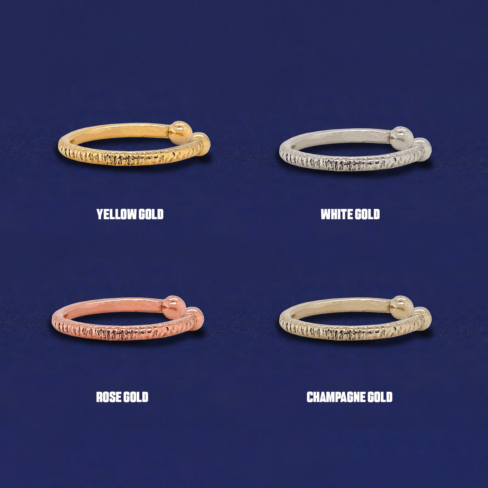 Four versions of the Shimmer Line Cuff shown in options of yellow, white, rose and champagne gold