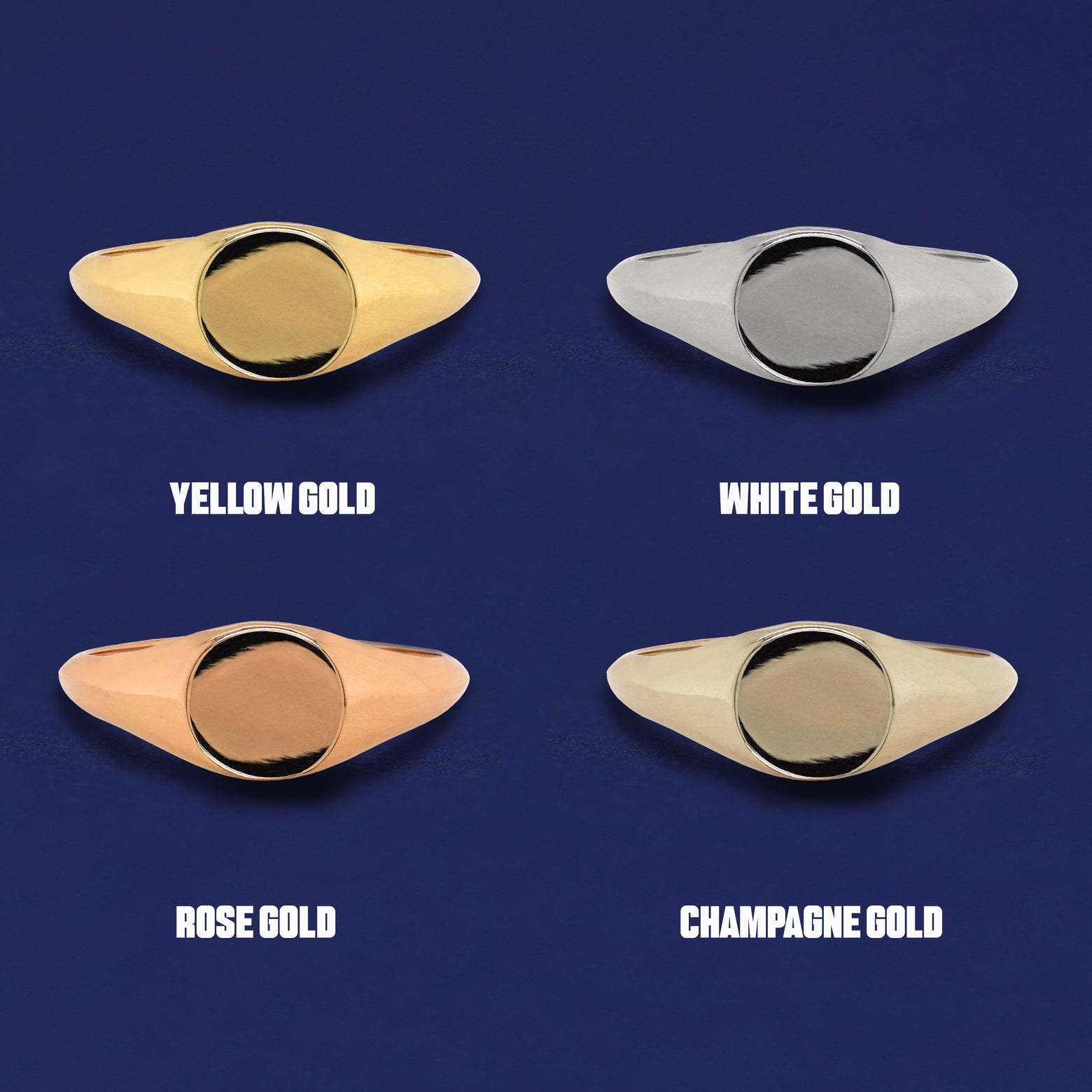 Four versions of the Signet Ring shown in options of yellow, white, rose and champagne gold